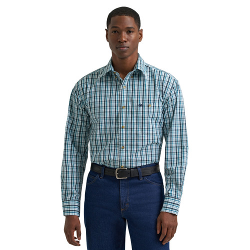 Wrangler Mens Teal Coastal Plaid Long Sleeve Button Up Shirt