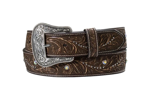 Nocona Women's Brown Embossed Scrolling Belt with Engraved Silver Floral Buckle & Crystals