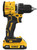 A DEWALT 20V cordless drill driver with a brushless motor, shown upright on its base. The drill is yellow and black with a visible grip, trigger, speed settings, and a 2 Ah lithium-ion battery attached at the bottom.