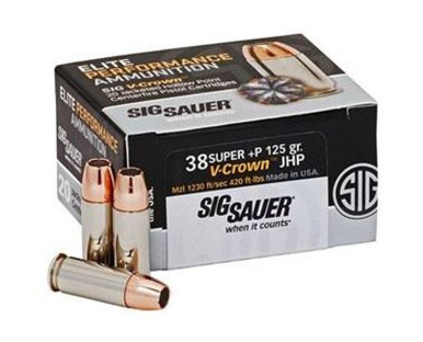 Sig Sauer 38 Super+P 125GR JHP V-Crown HP Ammunition, 20 Round B