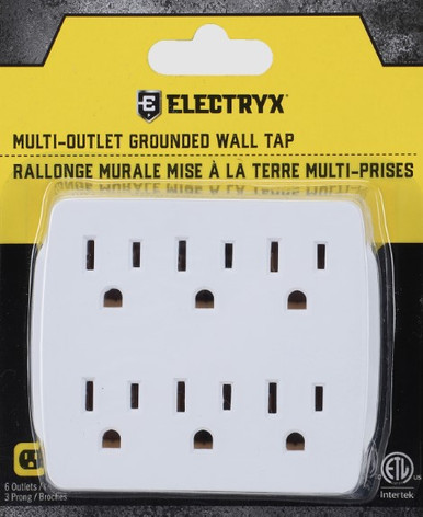 Wht Grnd Triple Tap Electryx 6-Outlets/3-Prong Grounded Wall Tap