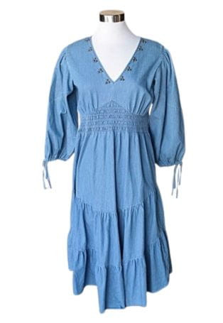 denim peasant dress I.N. Girl Little Girls Floral Puff Sleeve Vest Set, , Olive6 The sleeves have a bell ruffle for added style Women's Layers Denim Maxi Dress