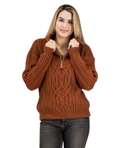 Cotton & Rye Ladies Rust Cable Knitted 1/4 Zip Pullover Sweater