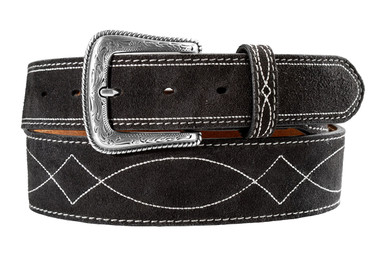 Nocona Men's Black Suede Belt w/Boot Stitch Embroidery & Antique