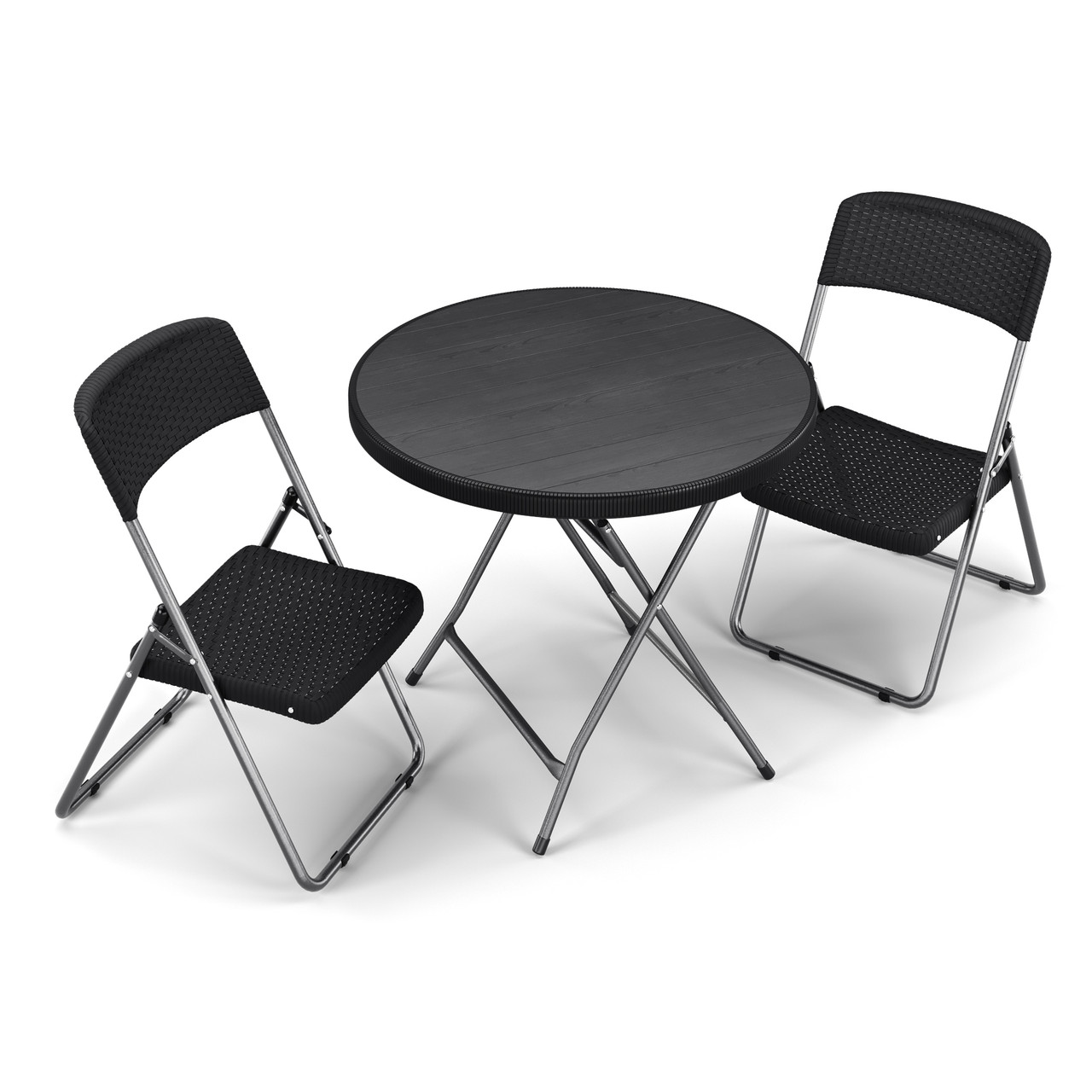 Black Rattan Wood Look Round Folding Table Chairs