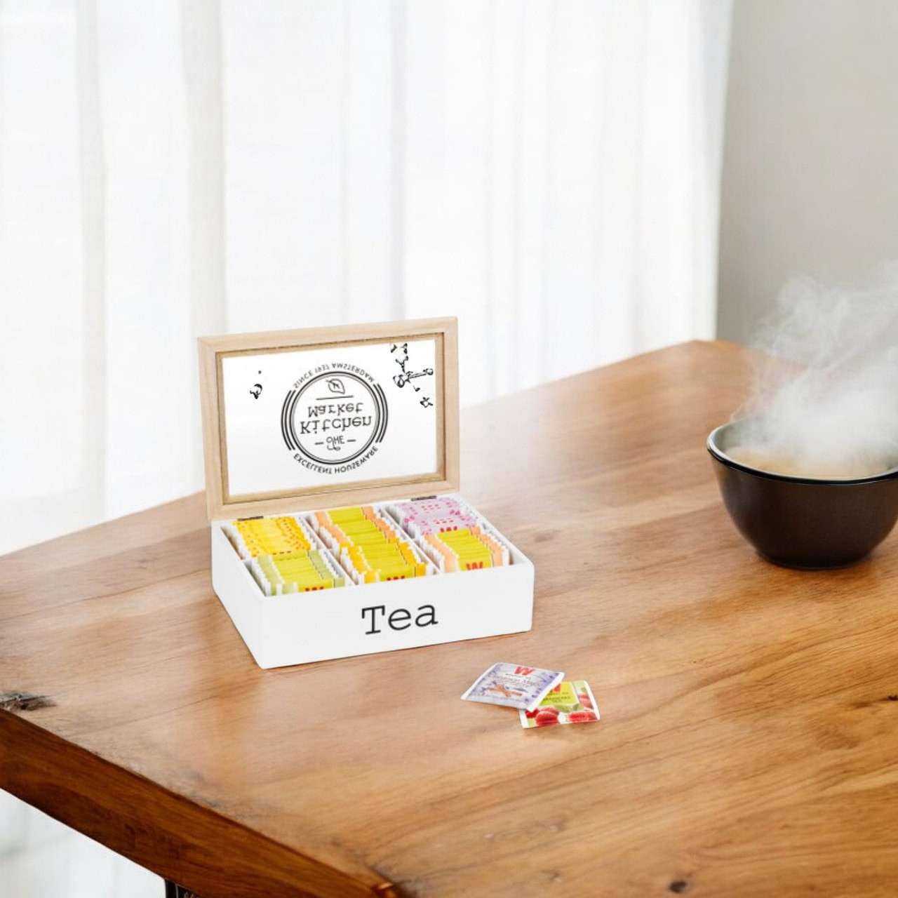 Wooden Tea Box 6 Compartments Clear Lid