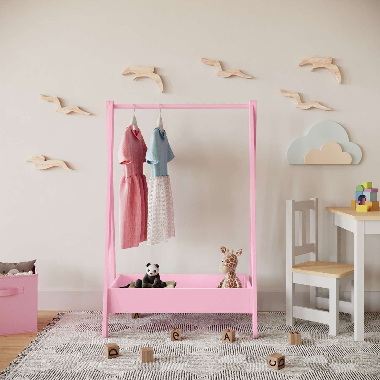 Kids Wooden Clothes Rail Garment Hanging Rack Dress Up Storage