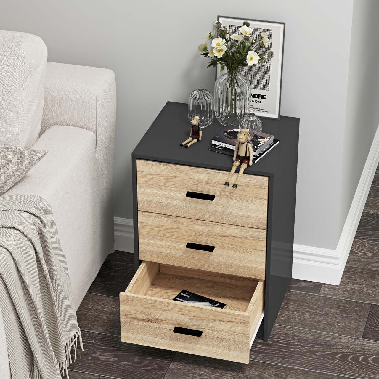 Black 3 Drawer Bedside Table