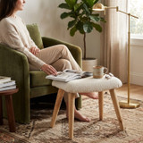 White Boucle Footstool with Wood Legs