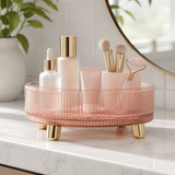 Pink Ribbed Acrylic Rotating Makeup Organiser w/ Gold Legs