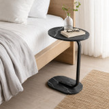 Marble Veneer C-Shaped Side Table with Black Metal Frame