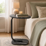 Marble Veneer C-Shaped Side Table with Black Metal Frame