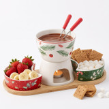 6 Piece Christmas Porcelain Fondue Set with Bamboo Board