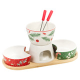 6 Piece Christmas Porcelain Fondue Set with Bamboo Board