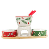 6 Piece Christmas Porcelain Fondue Set with Bamboo Board