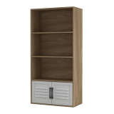 Oak 4-Tier Bookcase with 2 -Metal Doors