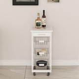 White Tile Top Kitchen Island Trolley Cart with Drawer and Basket Storage