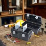 Large Black Plastic Toolbox with Lid & Storage Compartments