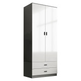 High Gloss 2-Door 2-Drawer Wardrobe with Storage Shelf, and Hanging Space - 180x75x46cm