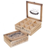 Wooden Tea Box 9 Section Compartments Glass Lid