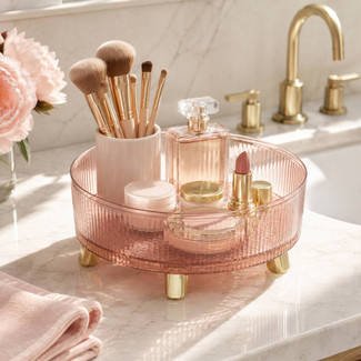 Pink Ribbed Acrylic Rotating Makeup Organiser w/ Gold Legs