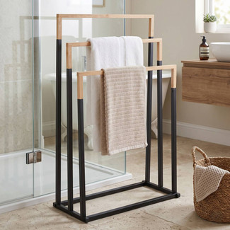 3 Tier Bathroom Towel Rack Black Metal & Bamboo