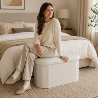 White Bouclé Oval Storage Stool