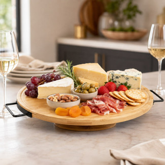 Rotating Bamboo Serving Platter w/ Metal Handles
