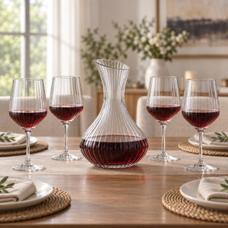 Ribbed Wine Decanter Set with 4 Stemmed Glasses