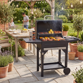 Charcoal BBQ Grill Trolley Matt Black w/ Foldable Shelves