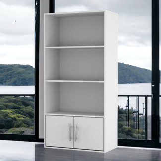 White 4-Tier Bookcase with 2 Doors - Metal Handles