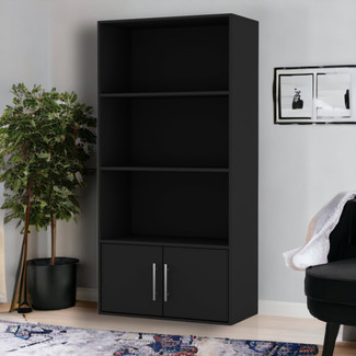 Black 4-Tier Bookcase with 2 Doors - Metal Handles