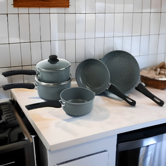 Set of 5 Marble Grey Saucepan & Fryingpan