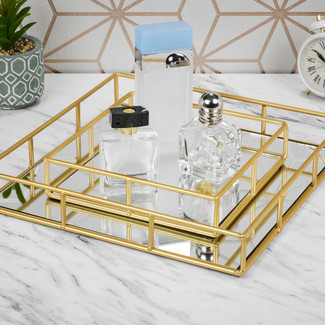 2-PC Metal Gold Square Mirror Tray