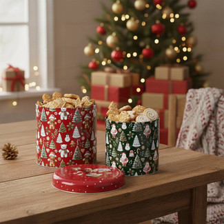2 Round Christmas Nesting Storage Tins