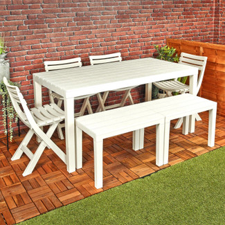 4 Plastic White Chairs & 2 Benches Outdoor Garden Table Set