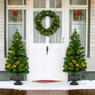 3-Piece Christmas Decoration Set: 2 Trees, 1 Wreath with LED Bulbs