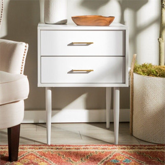 White Wood Bedside Nightstand with Two Drawers