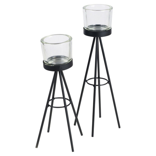 Set of 2 Metal Tripod Tealight Candle Stands with Glass Holders