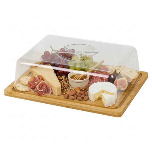 Bamboo Wood Cheese Board Charcuterie Tray w/ Dome Lid Cover