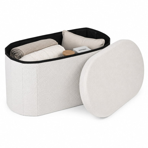 White Bouclé Oval Storage Stool
