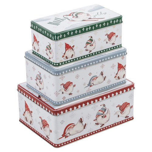 Set of 3 Christmas Gnome Lidded Rectangular Nesting Tins