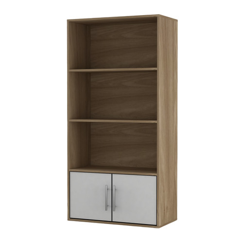 Oak 4-Tier Bookcase with 2 Doors - Metal Handles