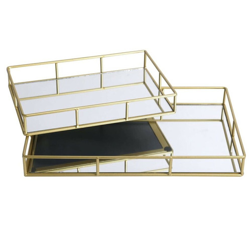 2-PC Metal Gold Rectangle Mirror Tray