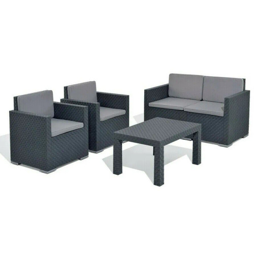 4-PC Black Rattan Garden Lounge Set With Cushions