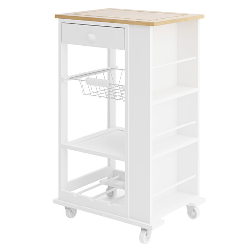 Bamboo Top Rolling Kitchen Island Trolley Cart with Drawers, Shelves & Wine Rack