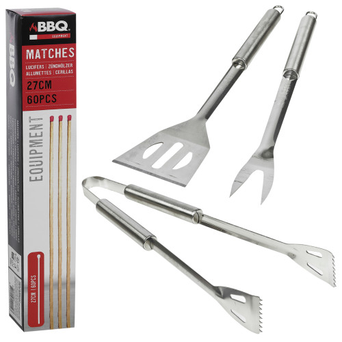 BBQ Essentials Kit: Stainless Steel Utensils & Extra-Long Safety Matches