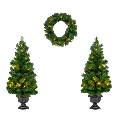 3-Piece Christmas Decoration Set: 2 Trees, 1 Wreath with LED Bulbs