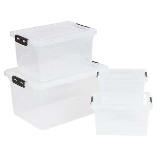 Set Of 4 Plastic White Storage Boxes Clip Lid