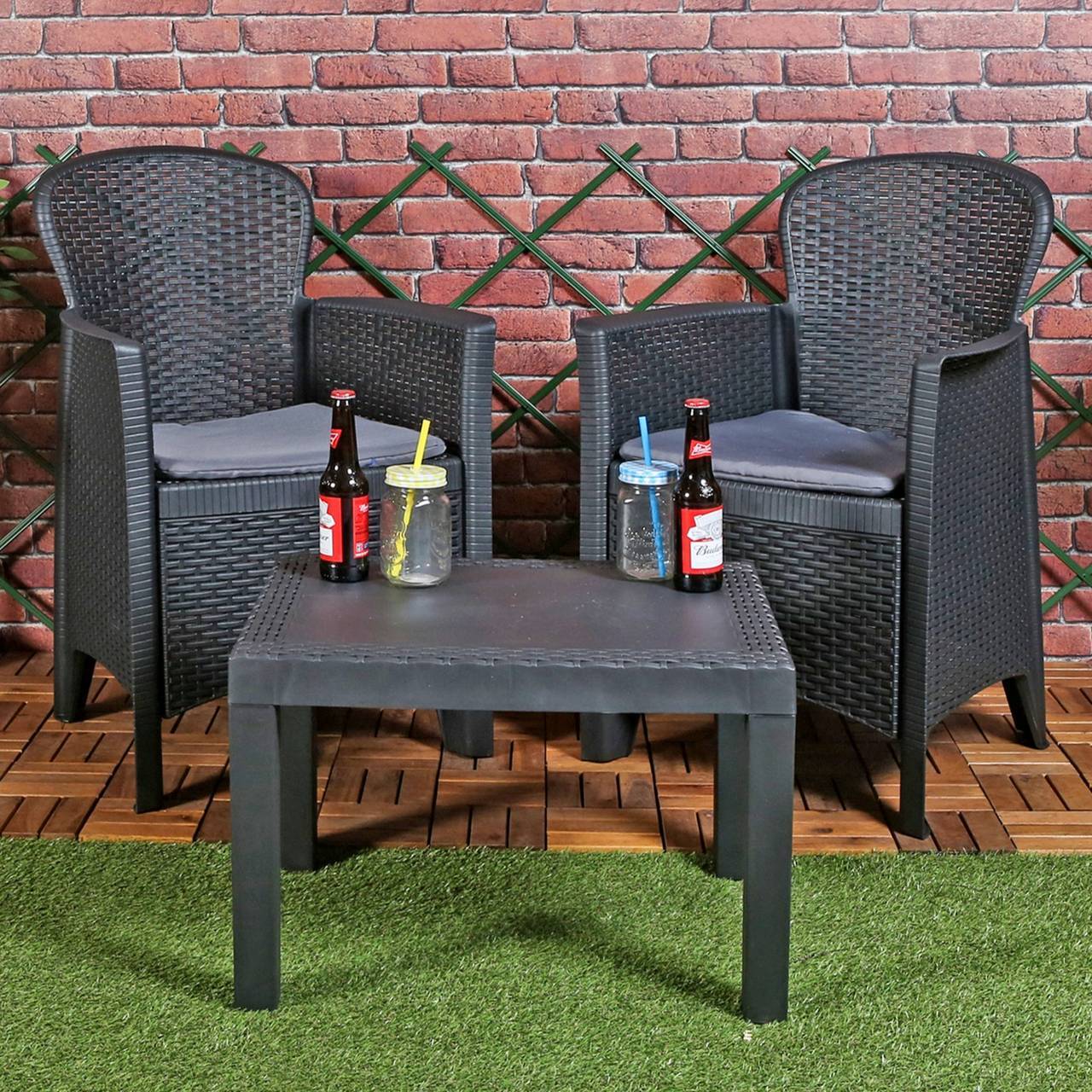 3 Pc Black Plastic Garden Table Chair Set